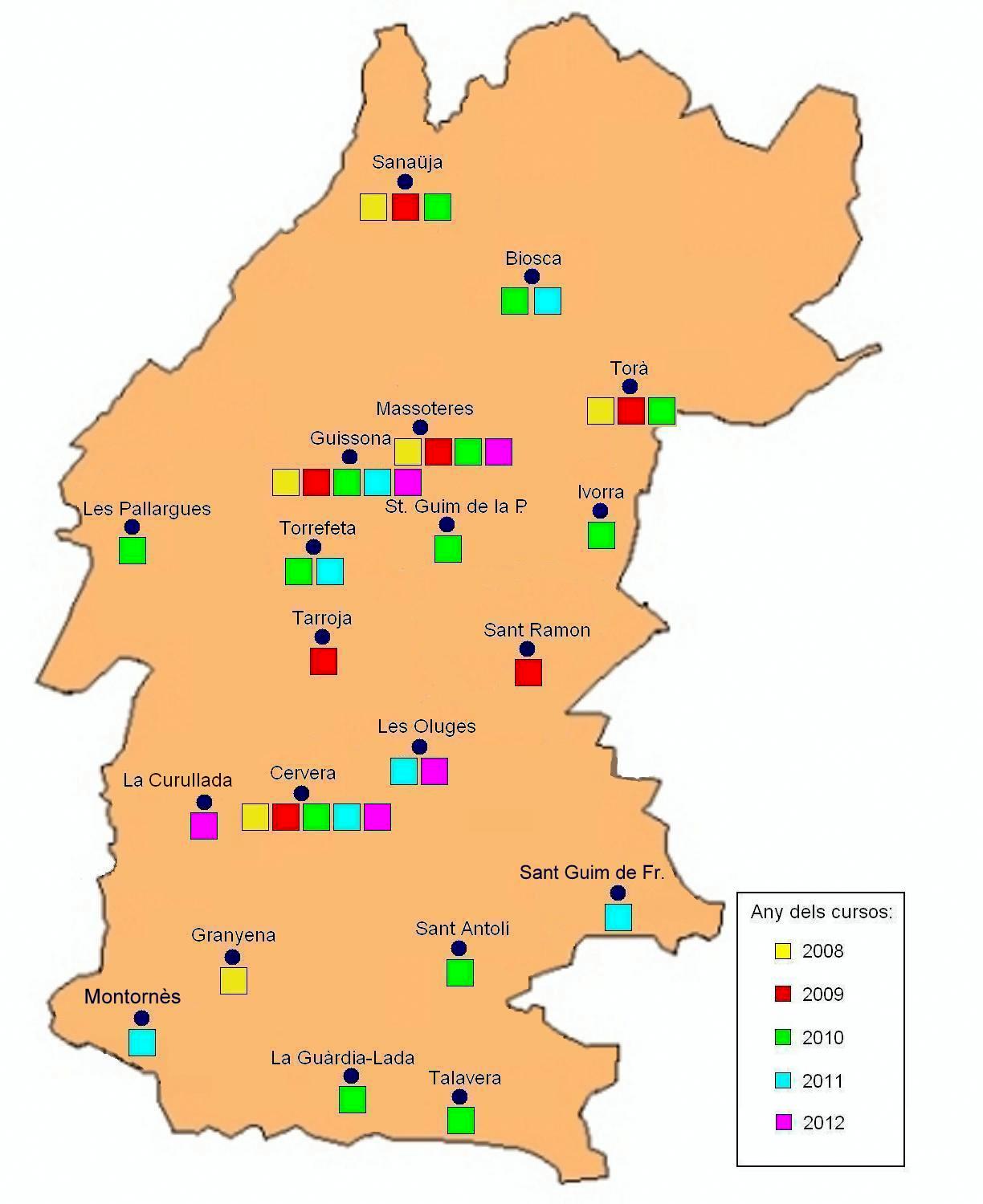 Mapa de cursos realitzats a la comarca de la Segarra